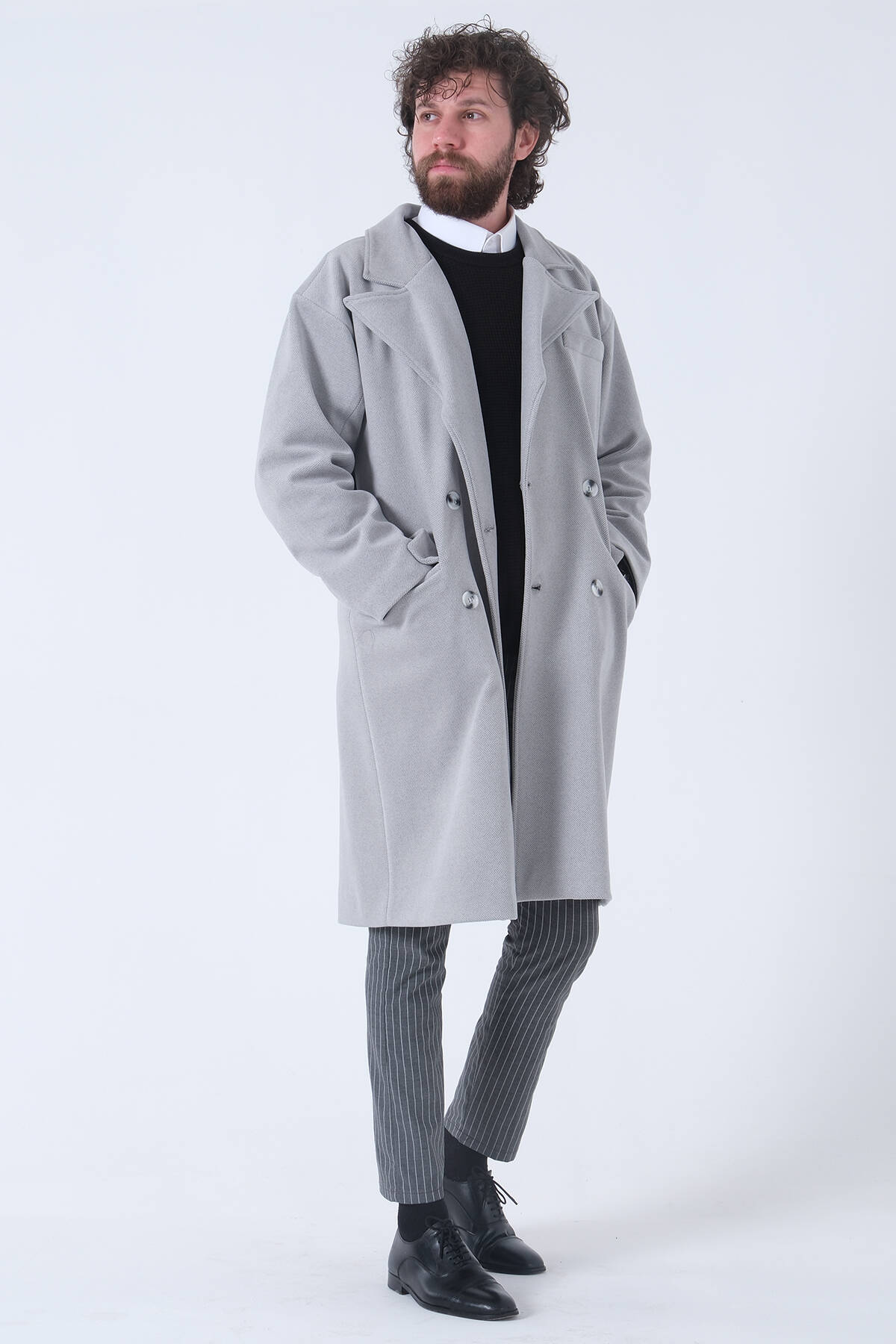 Gri Oversize Erkek Yaka Kaşe Kaban 01015002.06 - Ardanewline