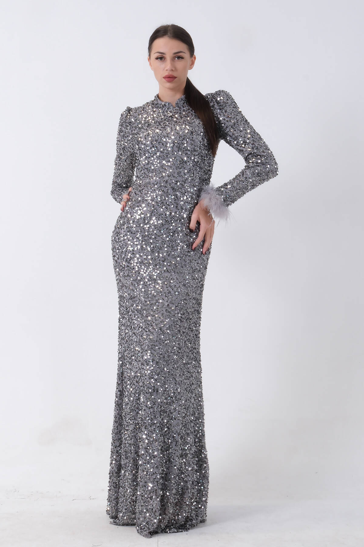 Gri Pul Payetli ve Tüy Detaylı Tesettür Abiye 6502490.06 