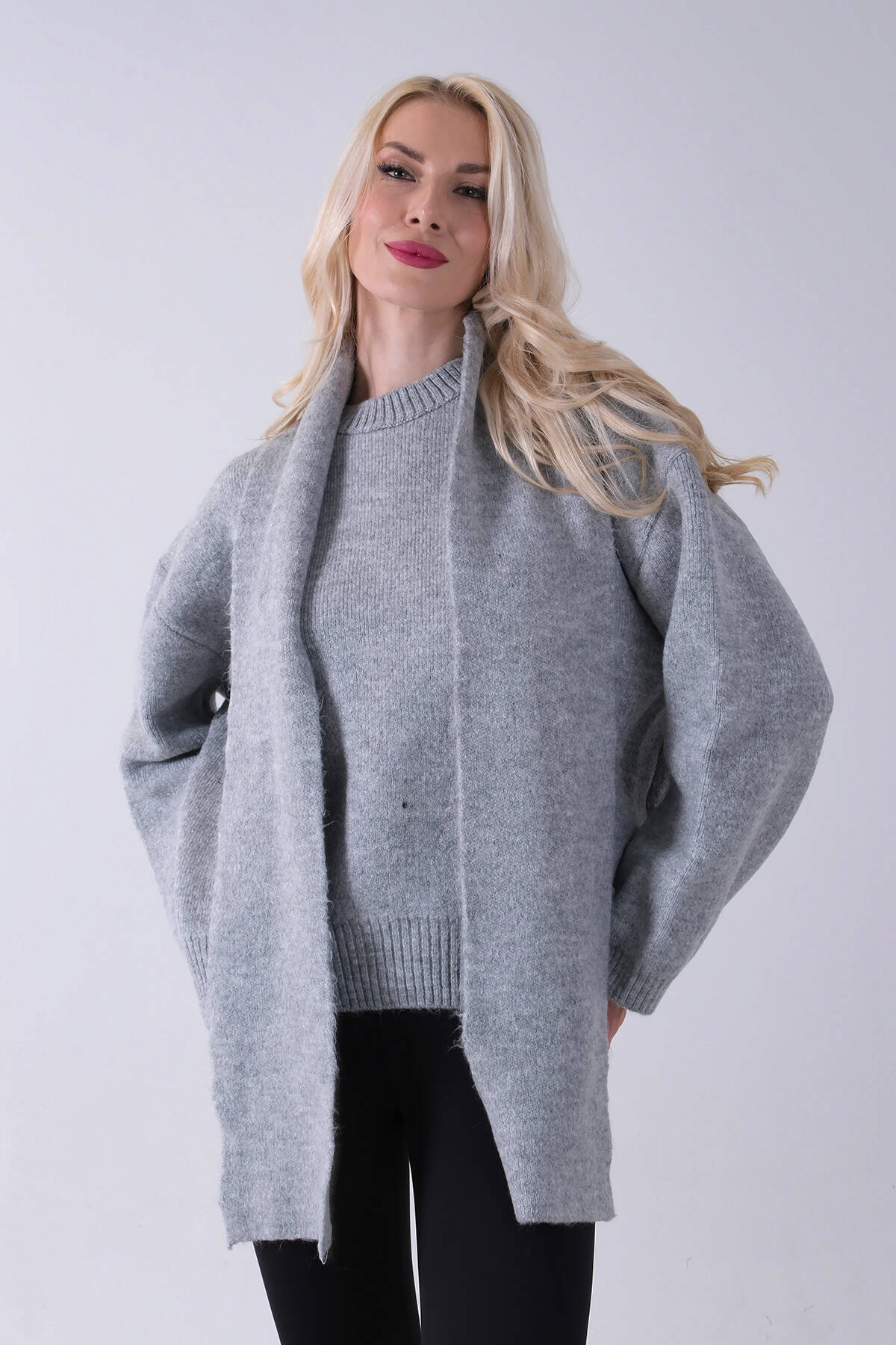 Gri Şal Aksesuarlı Bisiklet Yaka Triko Kazak 46892633.06 - Ardanewline (1)