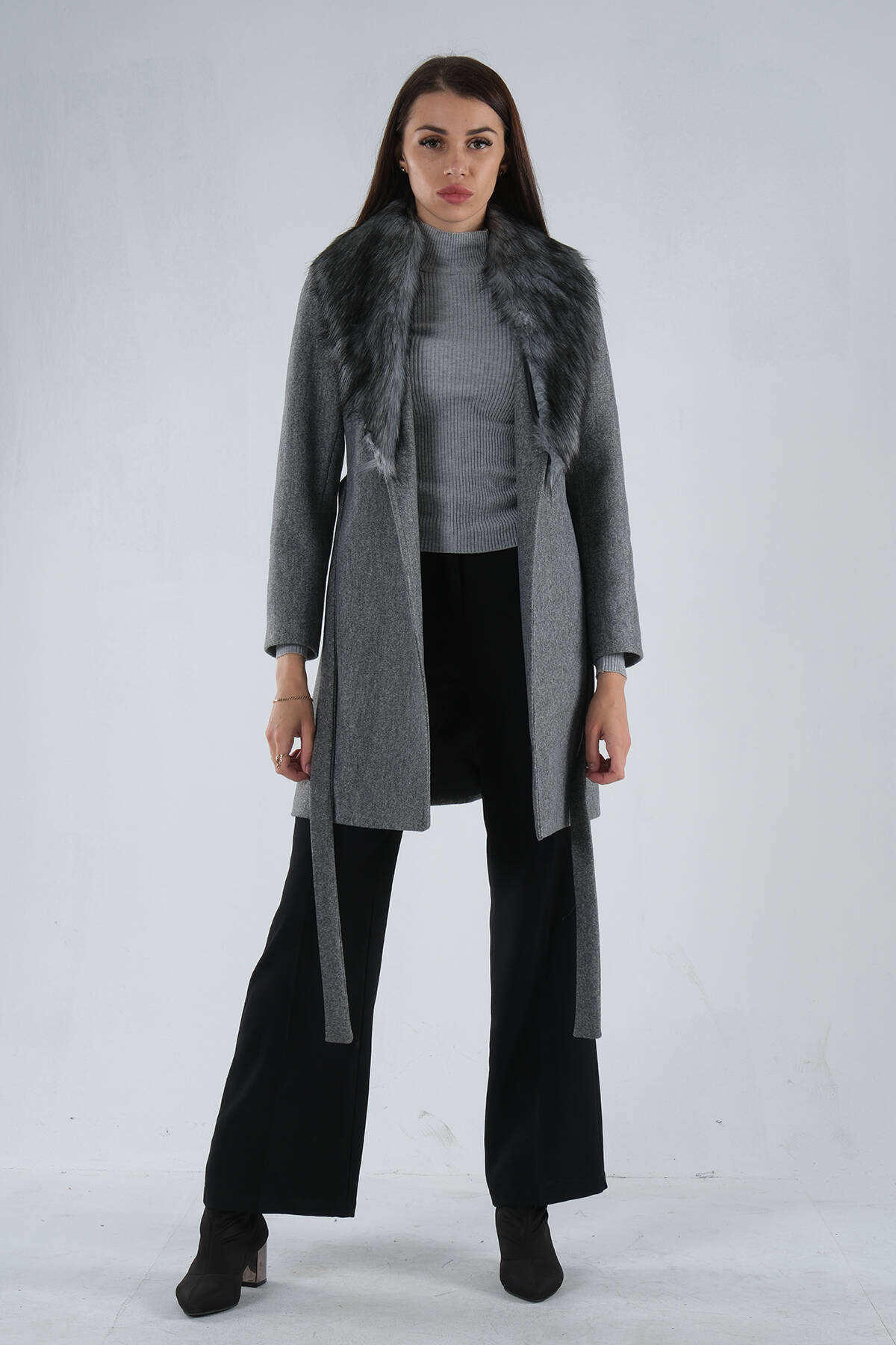 Gri Seyyar Kürklü Çift Cepli Kaşe Kaban 0108080.06 