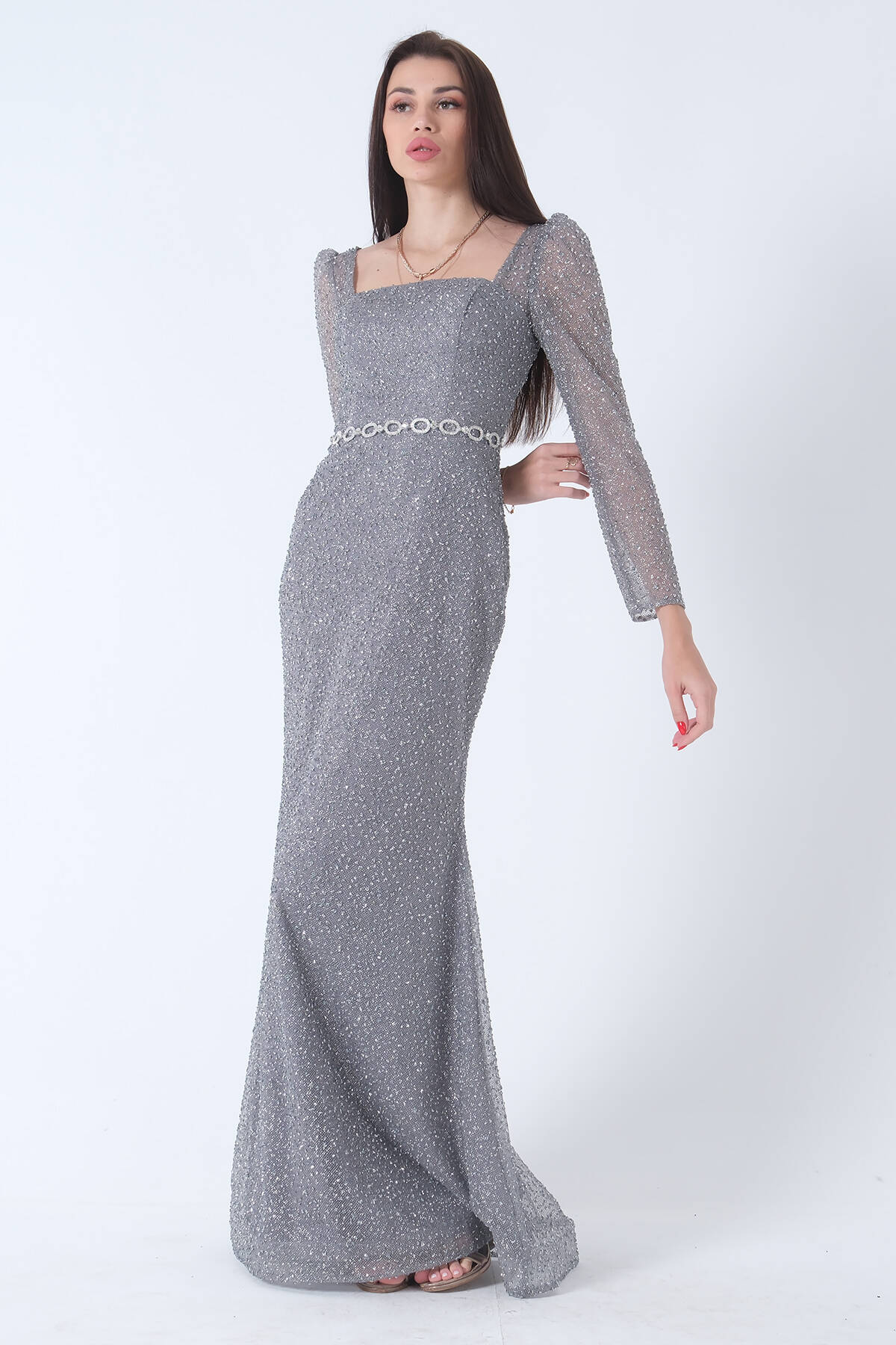 Gri Taş İşlemeli Balık Abiye Elbise 9705141.06 