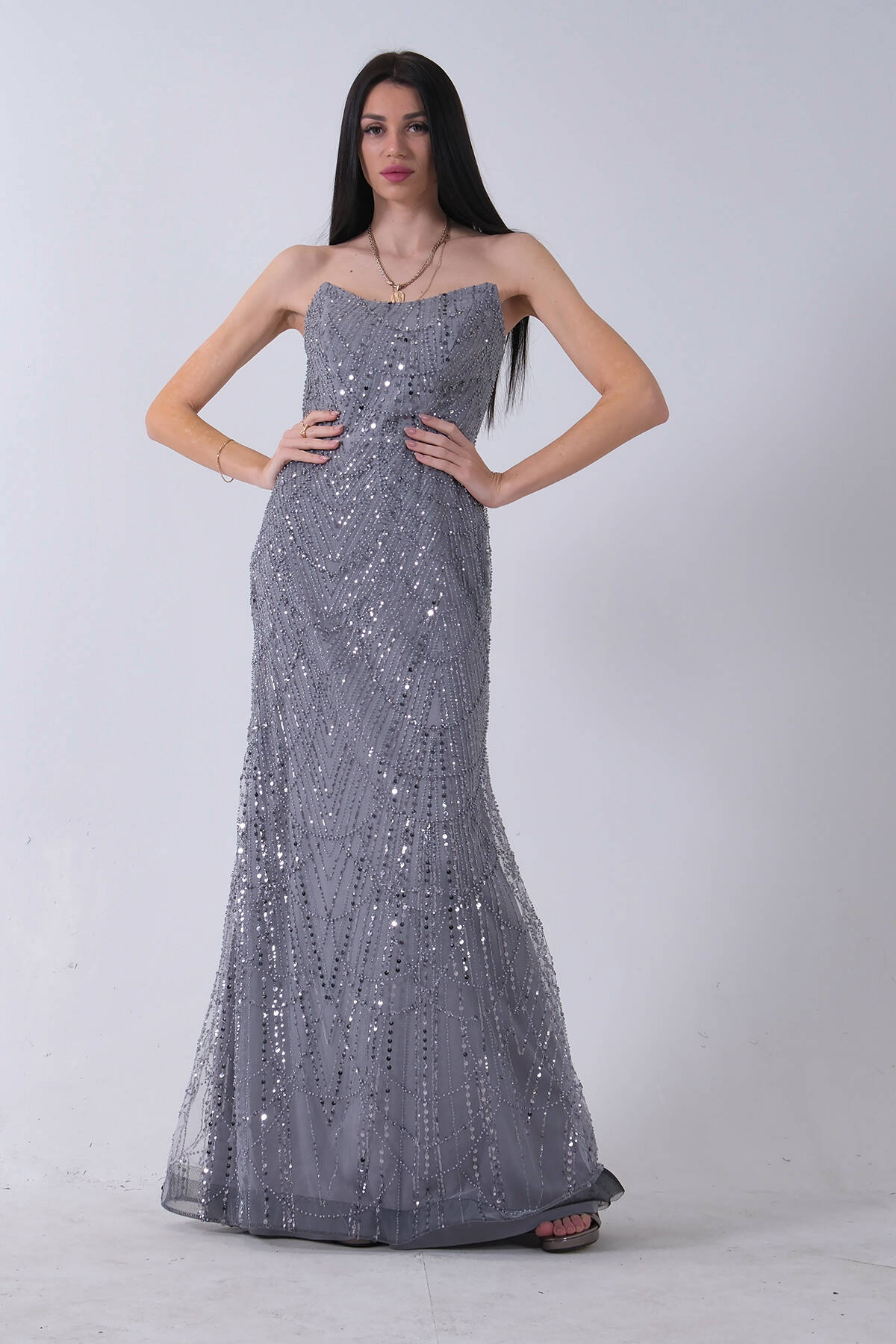 Gri Taş İşlemeli Uzun Balık Abiye 0801056.06 Gri