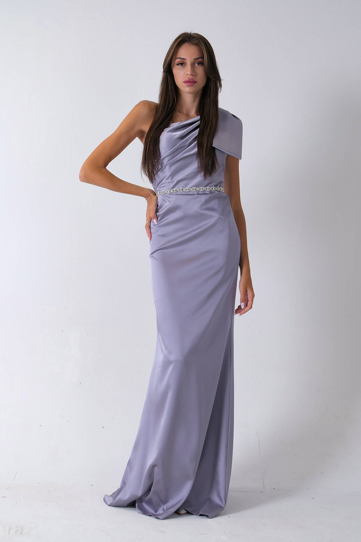 Gri Tek Omuz Drapeli Taş Detaylı Abiye 0801009.06 Gri