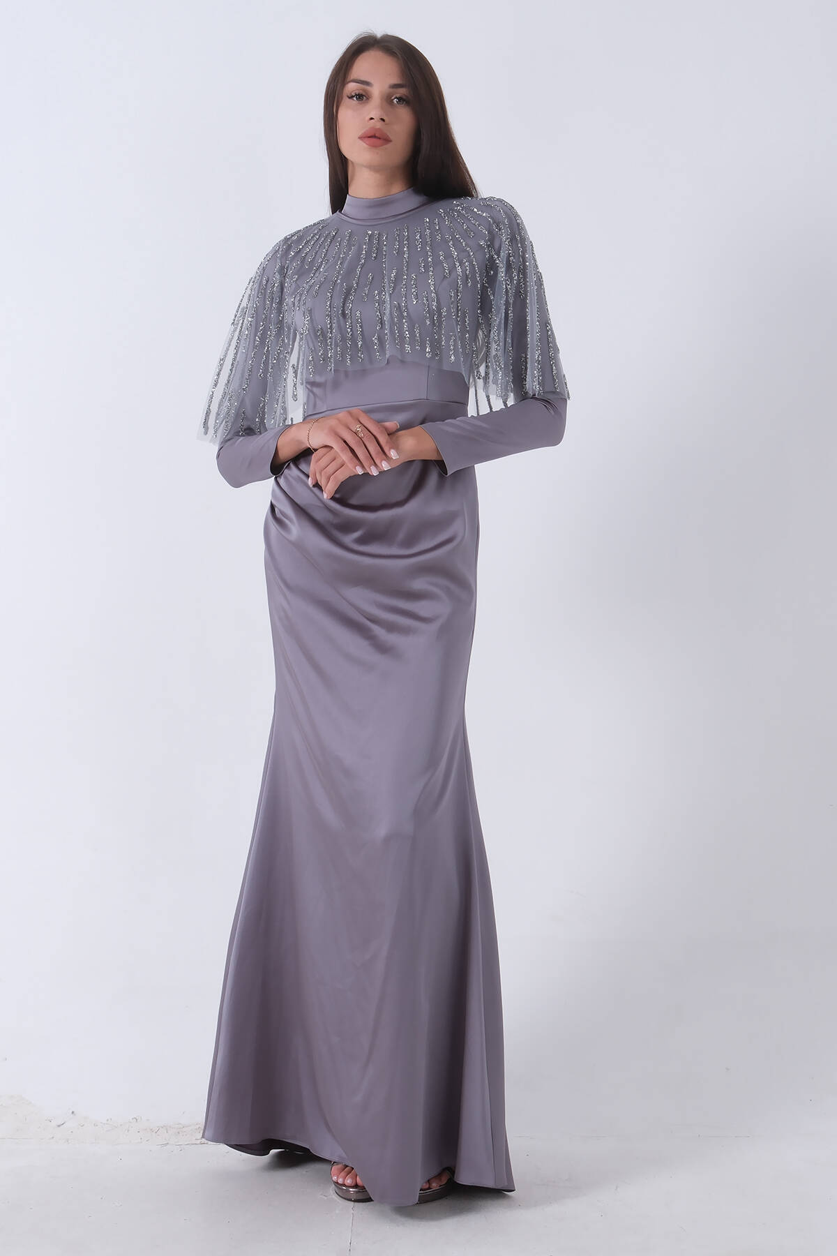 Gri Yaka Seyyar Şal Ayrobin Eklemeli Tesettür Abiye 6502477.06 