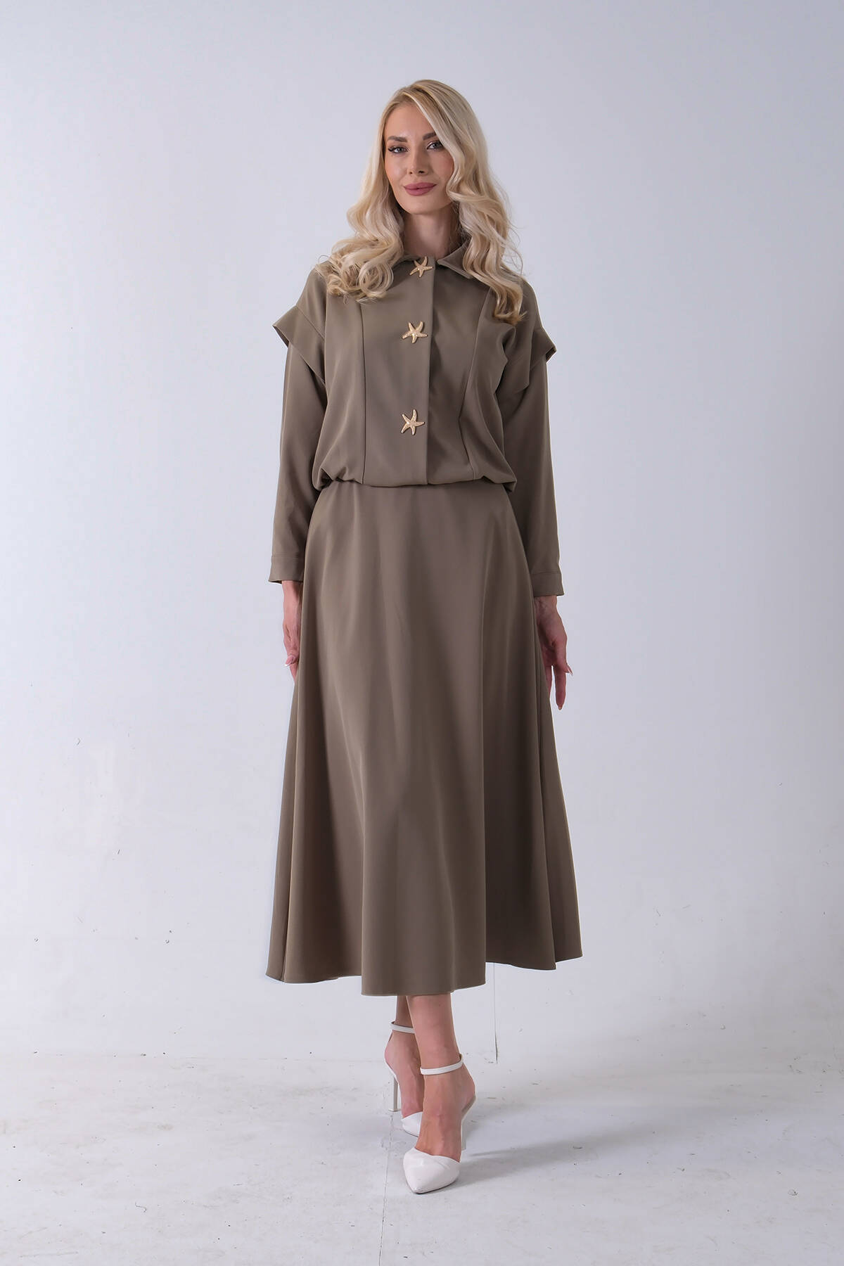 Haki Beli Lastikli Deniz Yıldızı Çıt Çıt Kapamalı Ceket Detaylı Etekli Takım 4592269.23 Haki