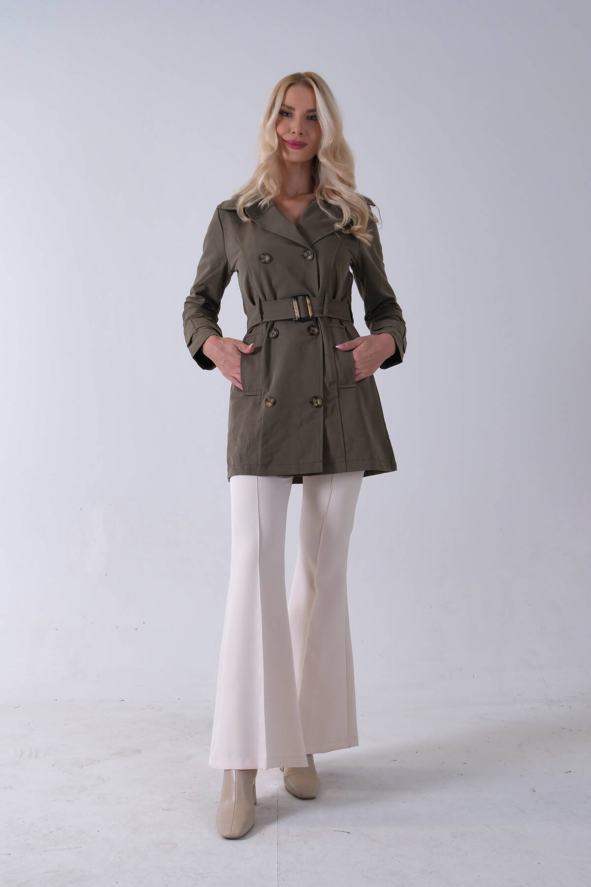Haki Bilek ve Omuz Apolet Detaylı Kemerli Düğme Kapamalı Trenç 4200829.23 Haki
