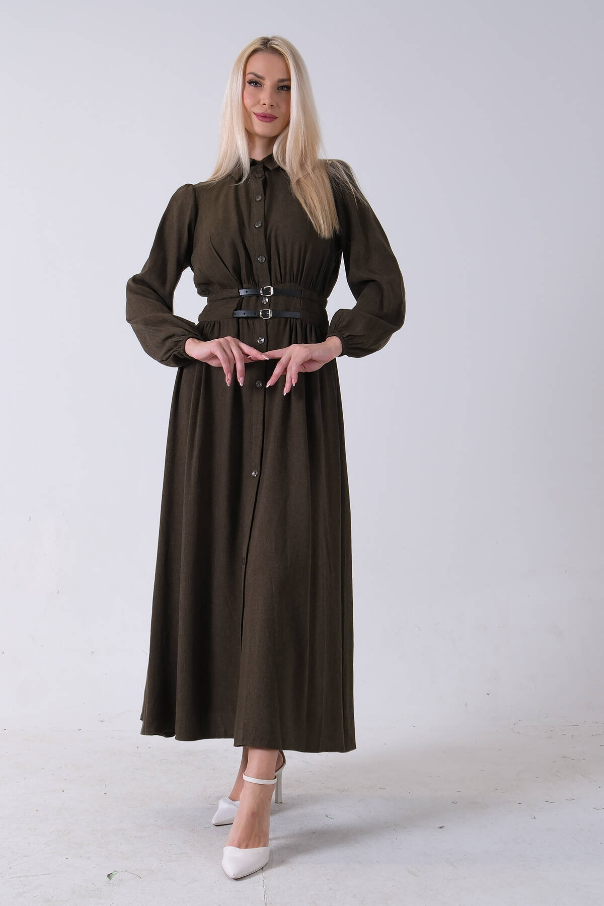 Haki Boydan Düğme Kapamalı Bileği Lastikli Beli Kemerli Elbise 4593459.23 - Ardanewline