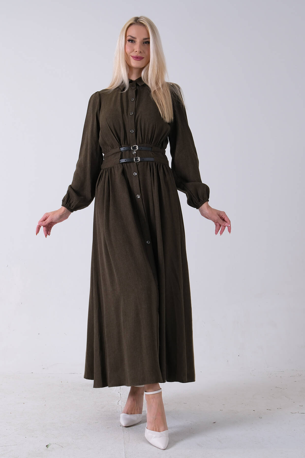 Haki Boydan Düğme Kapamalı Bileği Lastikli Beli Kemerli Elbise 4593459.23 - Ardanewline (1)