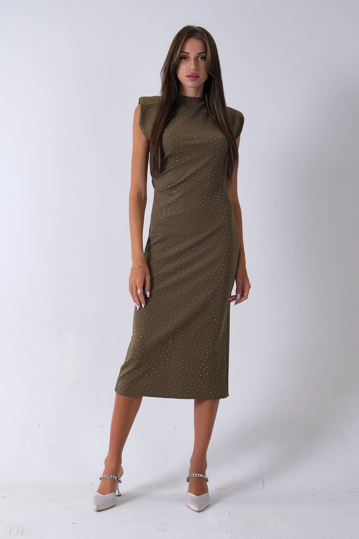 Haki Büzgülü Üzeri Taş Detaylı Elbise 03050336.23 Haki