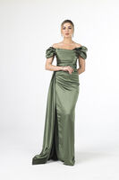 Haki Drape Detaylı Saten Kumaş Abiye Elbise 9704858.23 Haki