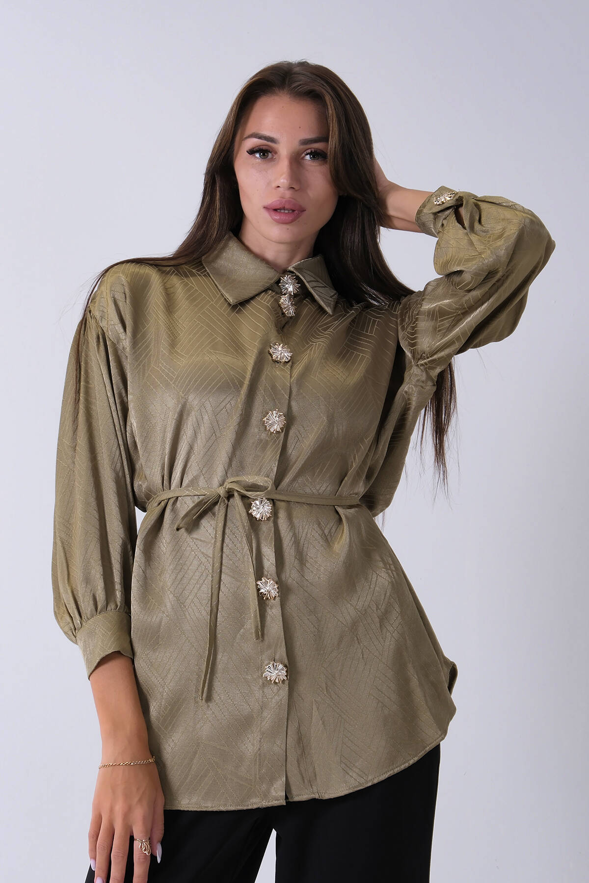 Haki Gömlek Yaka Düğme Kapamalı Bel Bağlamalı Tunik 4595331.23 Haki