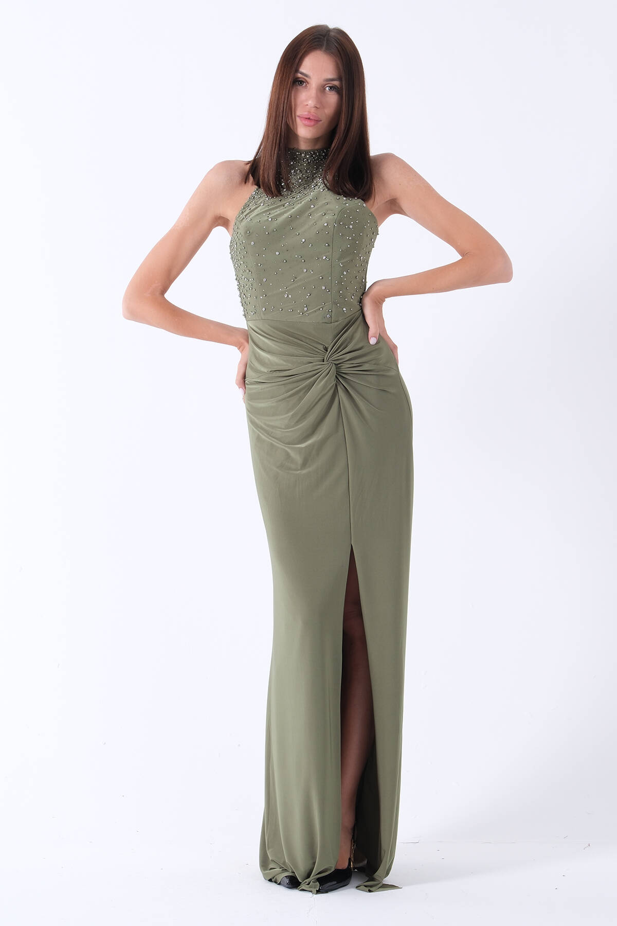 Haki Halter Yaka Üzeri Taş İşlemeli Straplez Abiye 9705668.23 