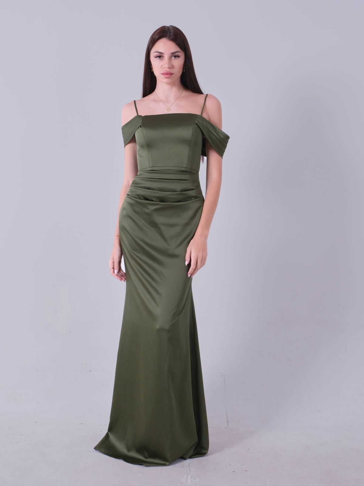 Haki İp Askılı Straplez Saten Abiye Elbise 9705903.23 Haki