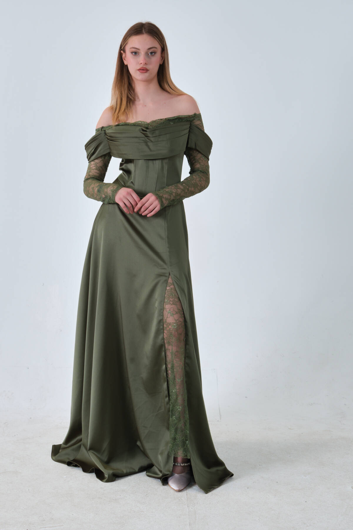 Haki Kolları Dantel Detaylı Drapeli Abiye 9705561.23 Haki