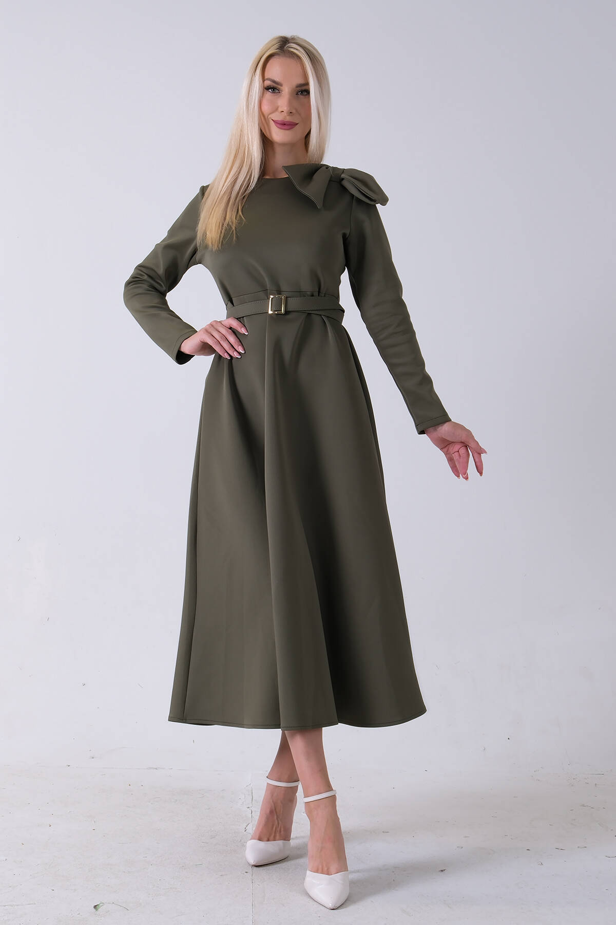 Haki Omuz Fiyonk Detaylı Kemerli Bisiklet Yaka Scuba Tesettür Elbise 4593456.23 - Ardanewline (1)