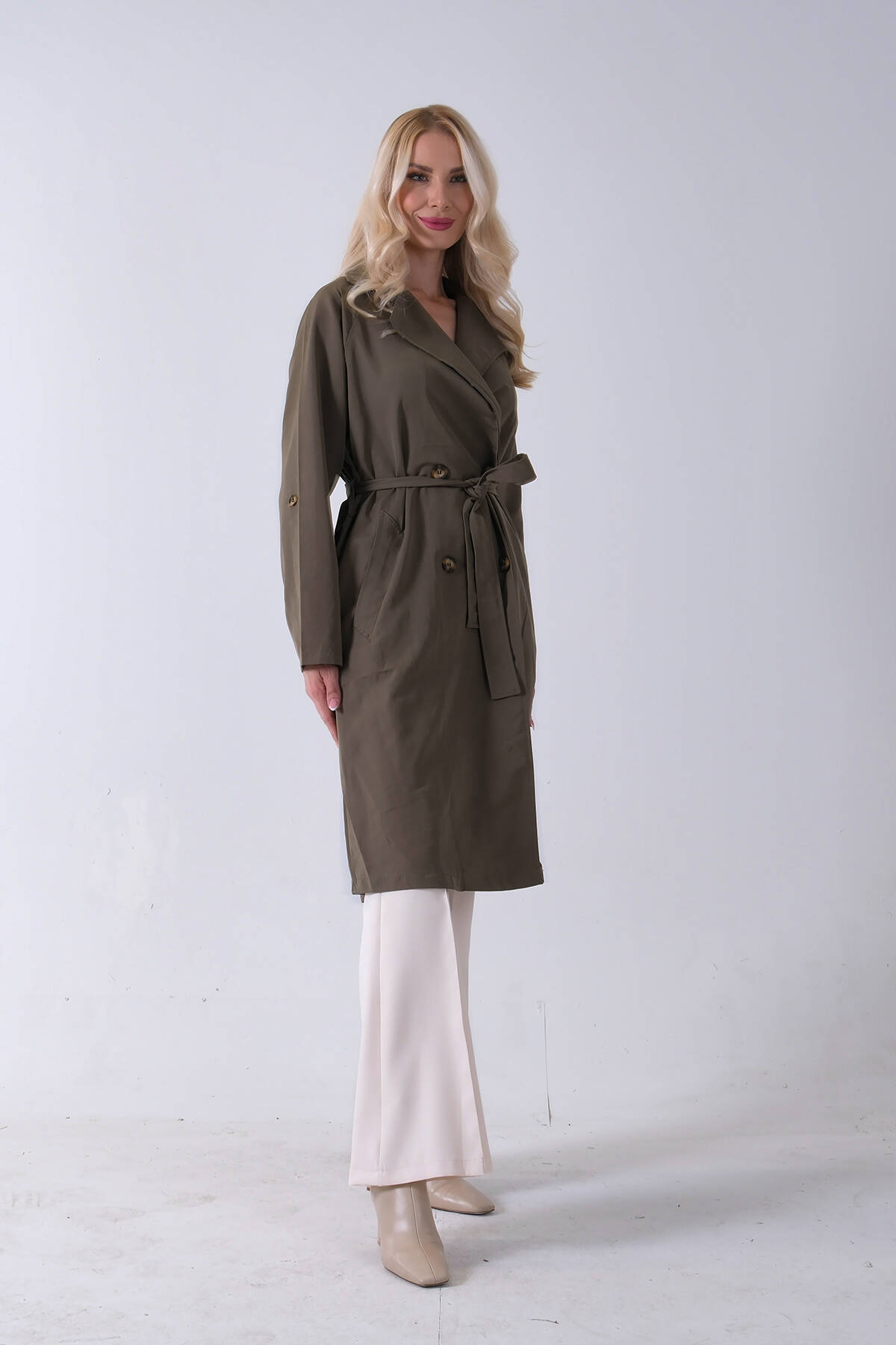 Haki Önden Düğme Kapamalı Yandan Cepli Kuşaklı Uzun Trenç 4200823.23 - Ardanewline (1)