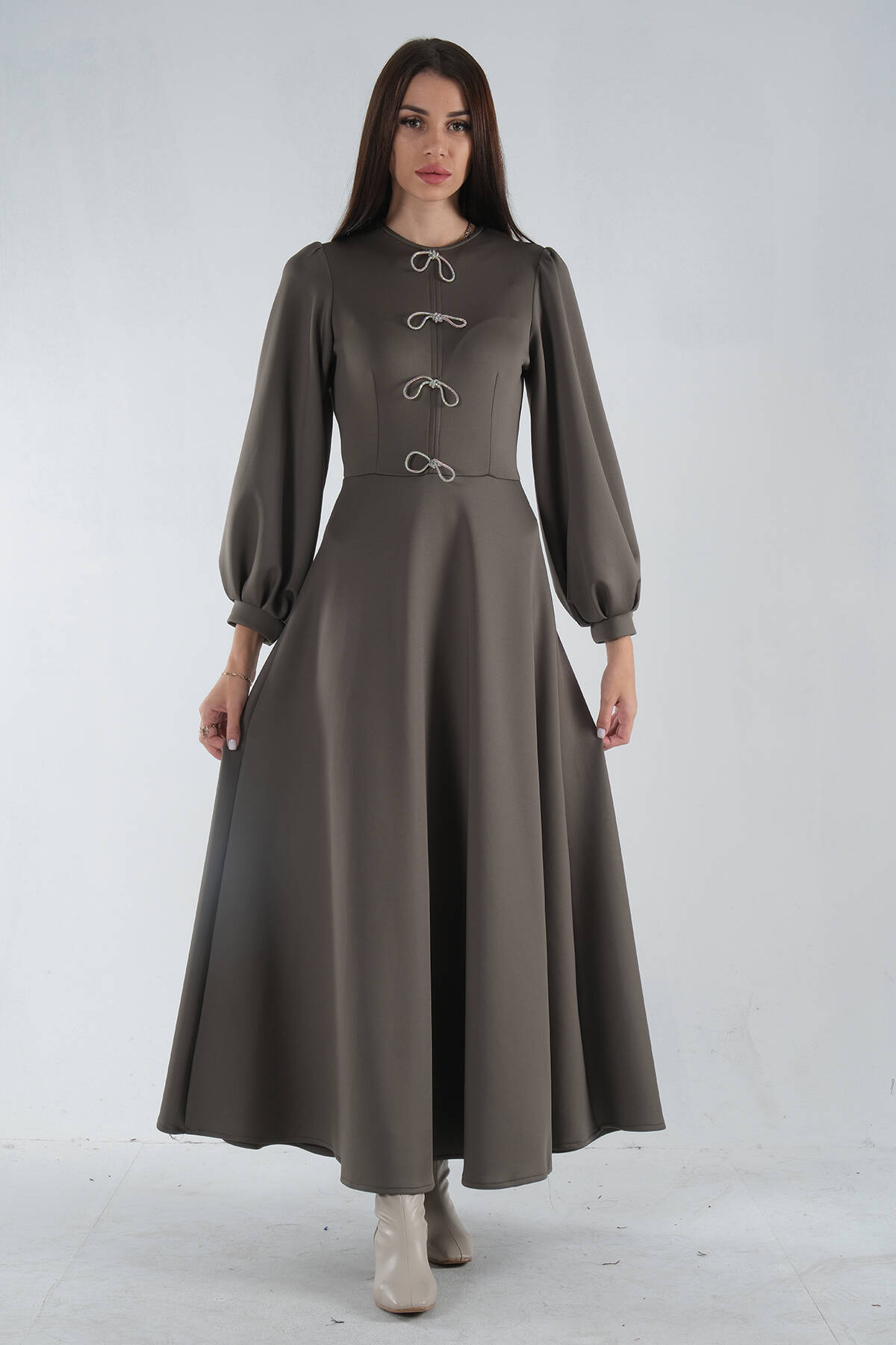 Haki Önü Simli Balon Kol Elbise 5305031.23 