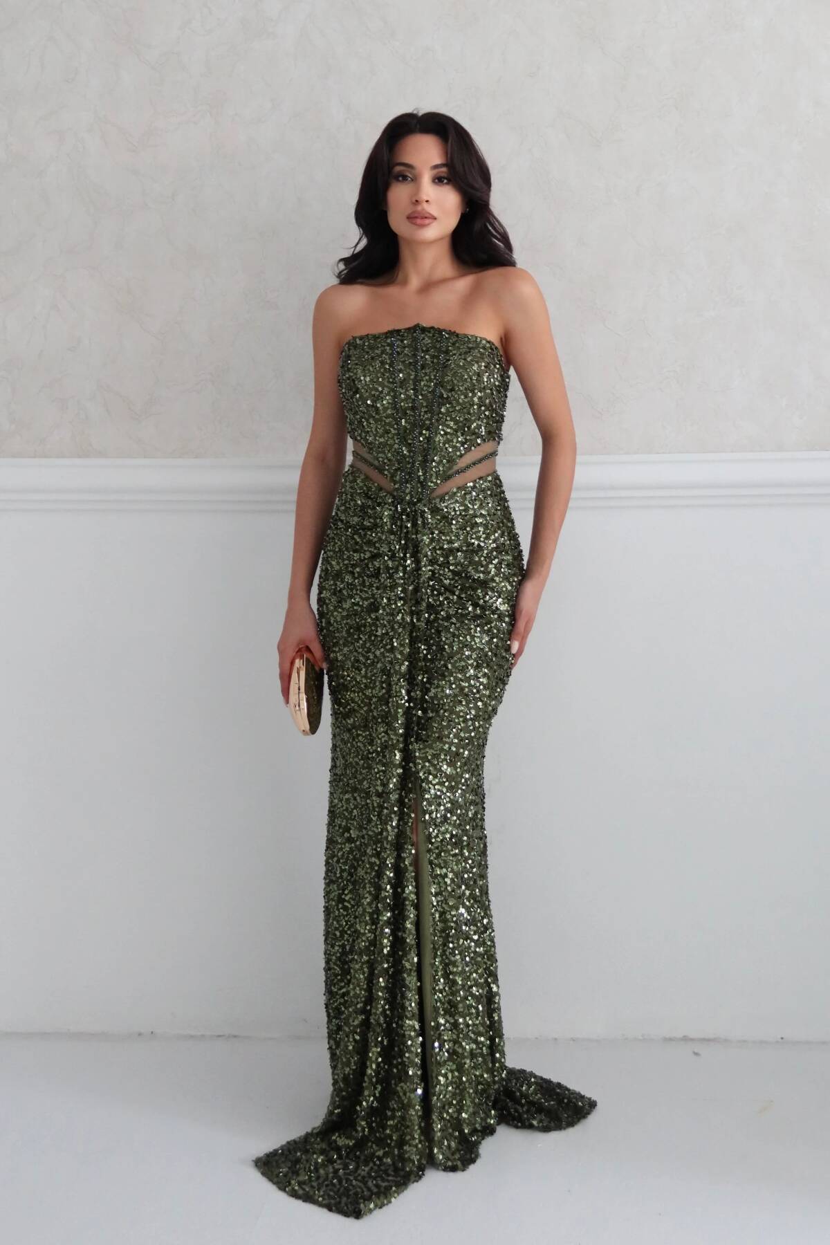 Haki Önü Taş Detaylı Yırtmaçlı Pul Payet Straplez Abiye 0801163.23 - Ardanewline