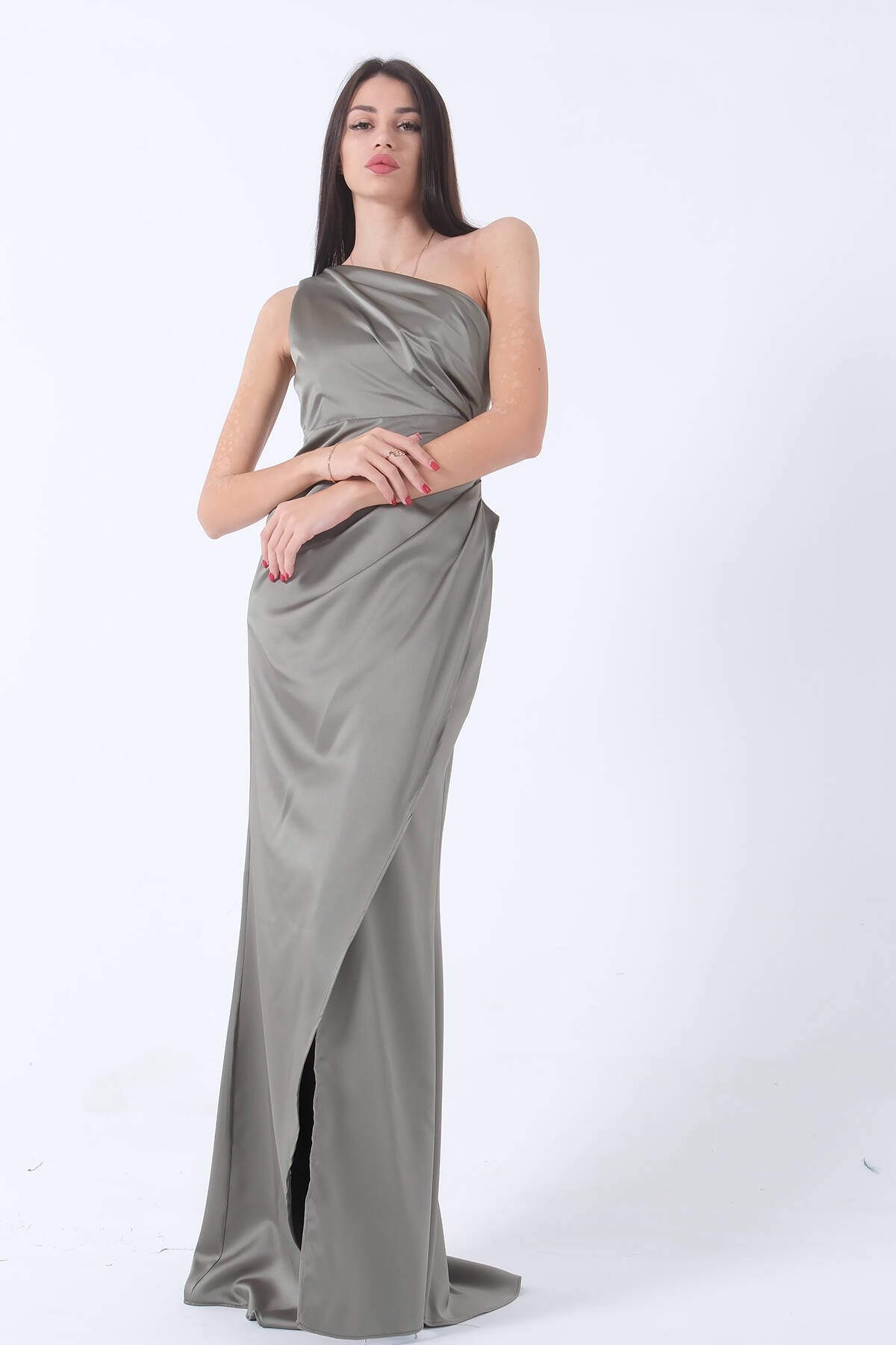 Haki Önü Yırtmaçlı Tek Omuz Şık Abiye 0801563.23 Haki