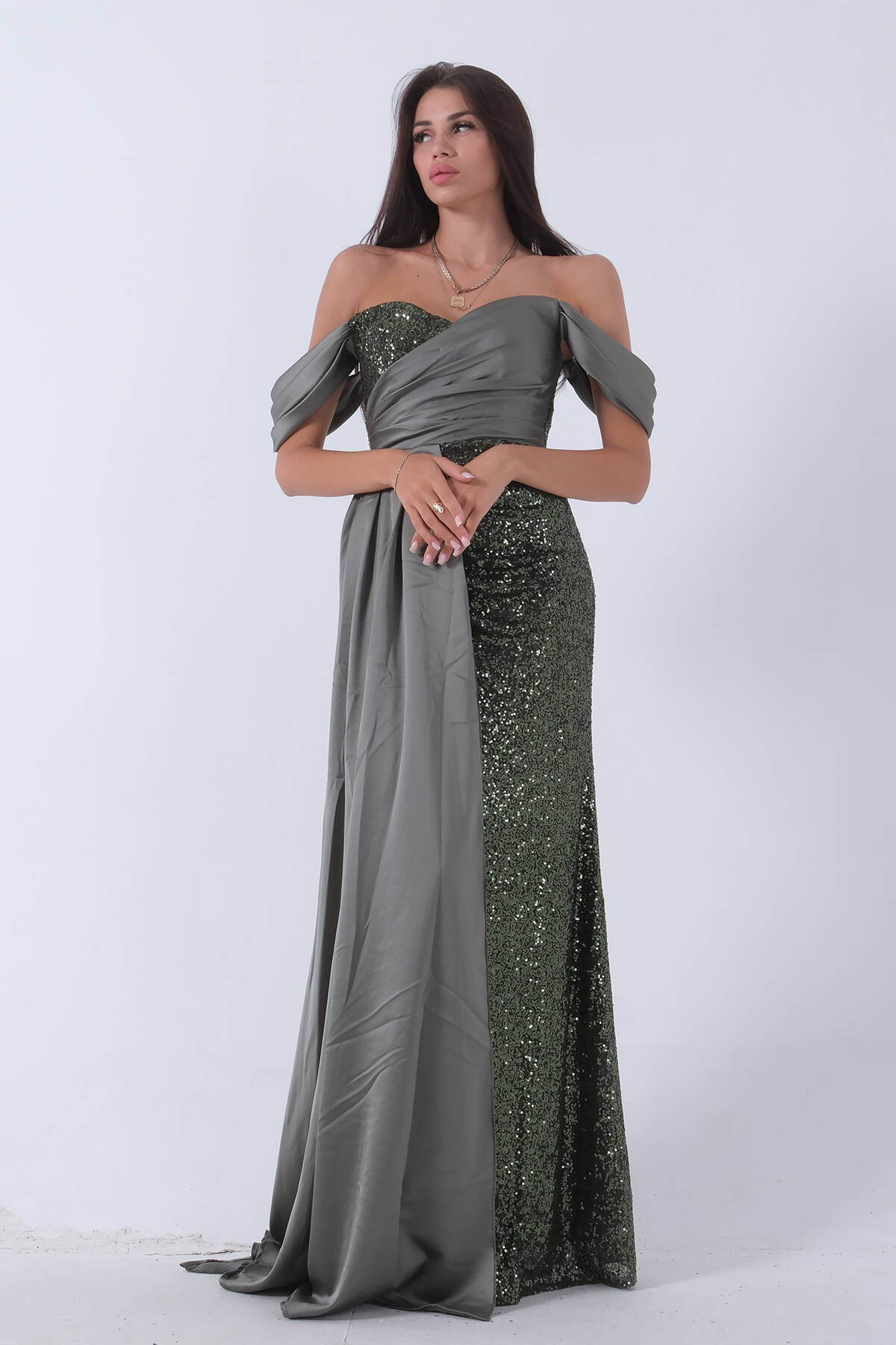 Haki Pul Payet Detaylı Yırtmaçlı Abiye 9705321.23 - Ardanewline (1)