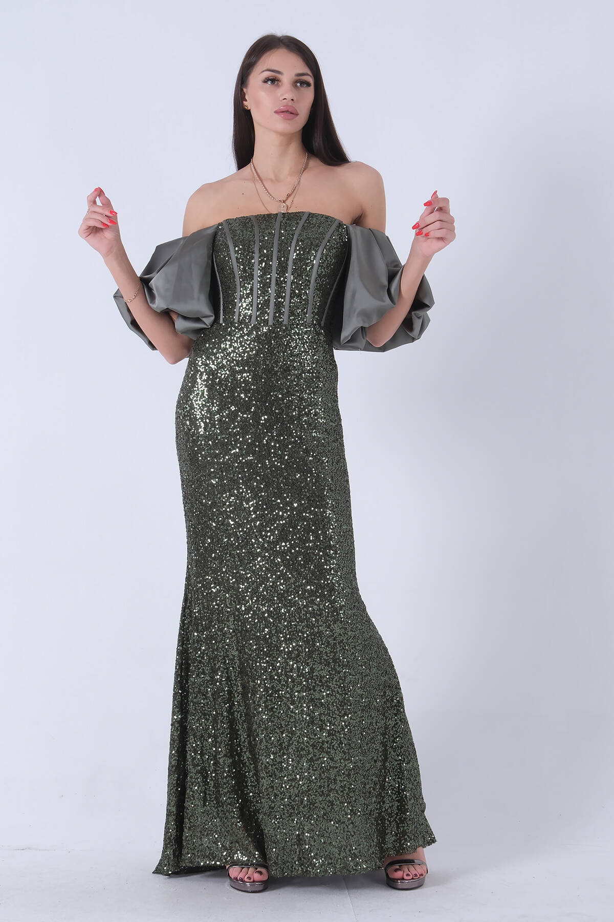 Haki Pul Payetli Balon Kol Abiye 9705296.23 