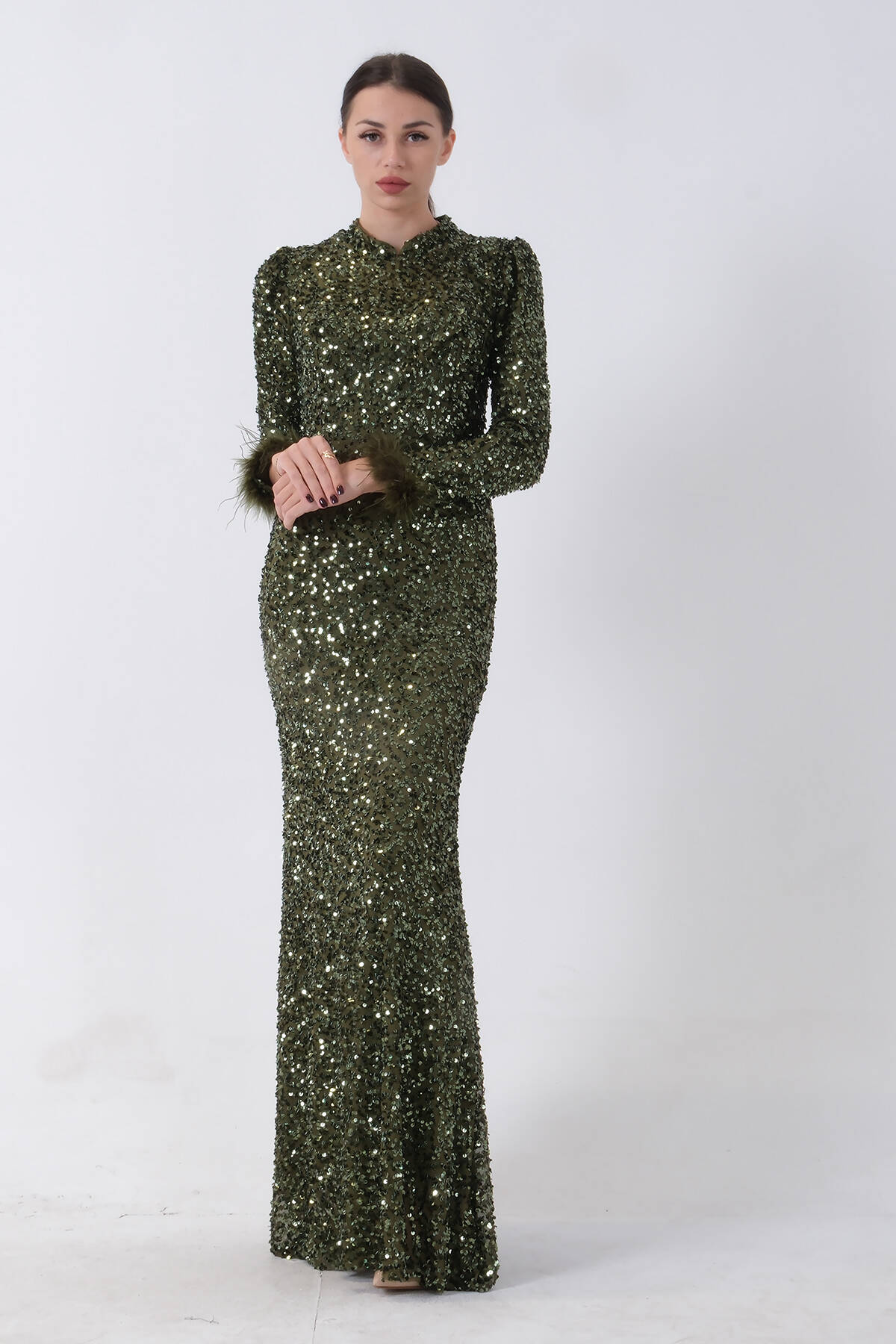 Haki Pul Payetli ve Tüy Detaylı Tesettür Abiye 6502490.23 