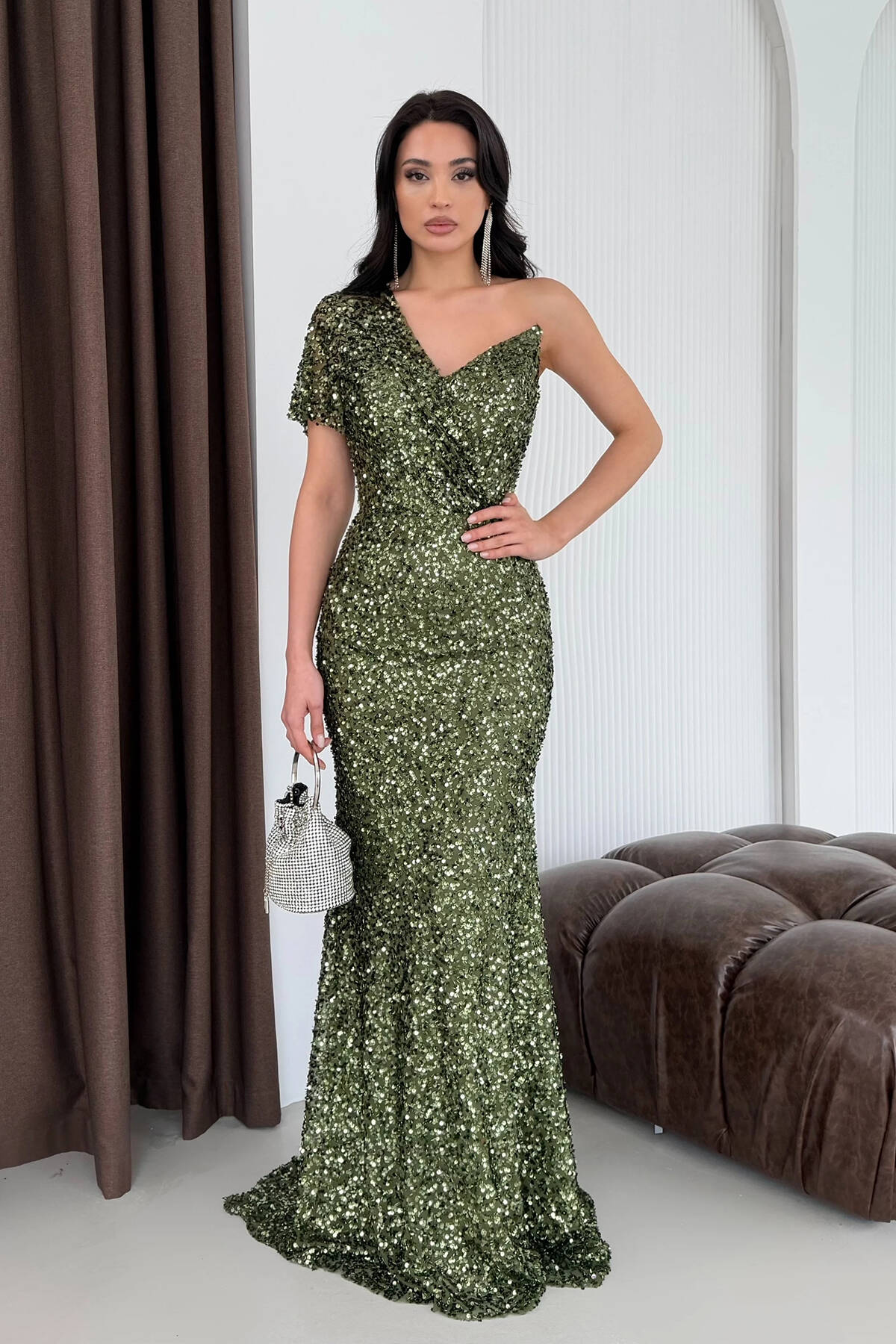 Haki Tek Omuz Pul Payetli Straplez Abiye 0801130.23 - Ardanewline