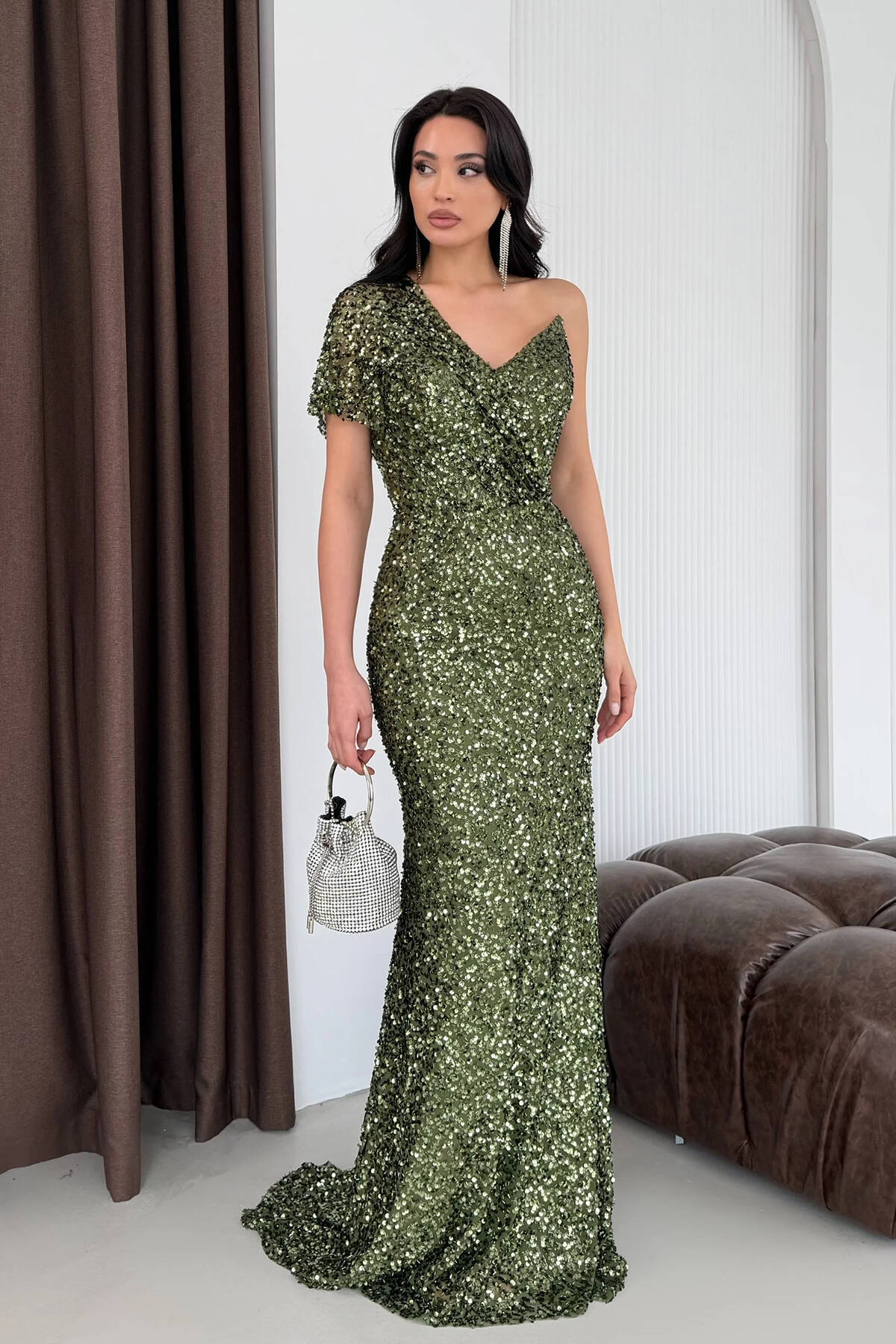 Haki Tek Omuz Pul Payetli Straplez Abiye 0801130.23 - Ardanewline (1)