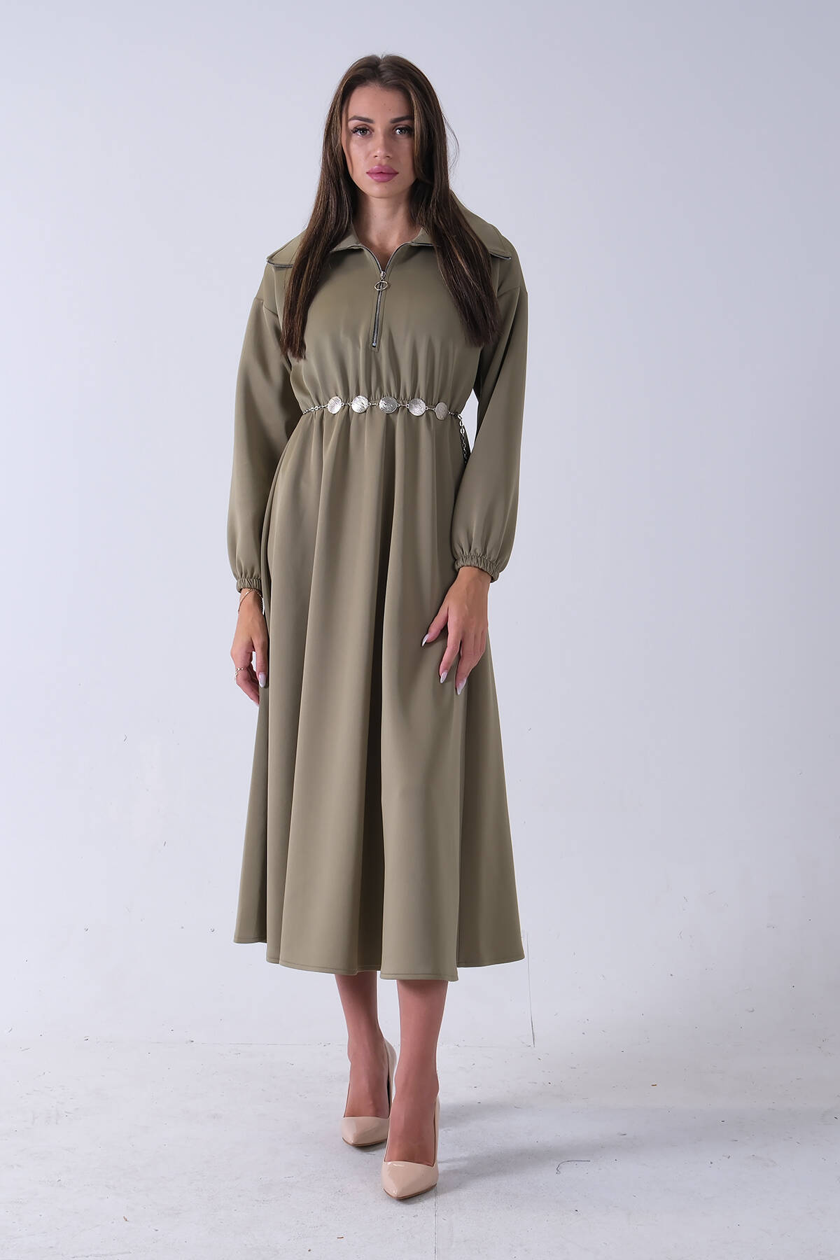 Haki Yaka Fermuar Detaylı Bel ve Bileği Lastikli Kemerli Scuba Elbise 4593455.23 Haki