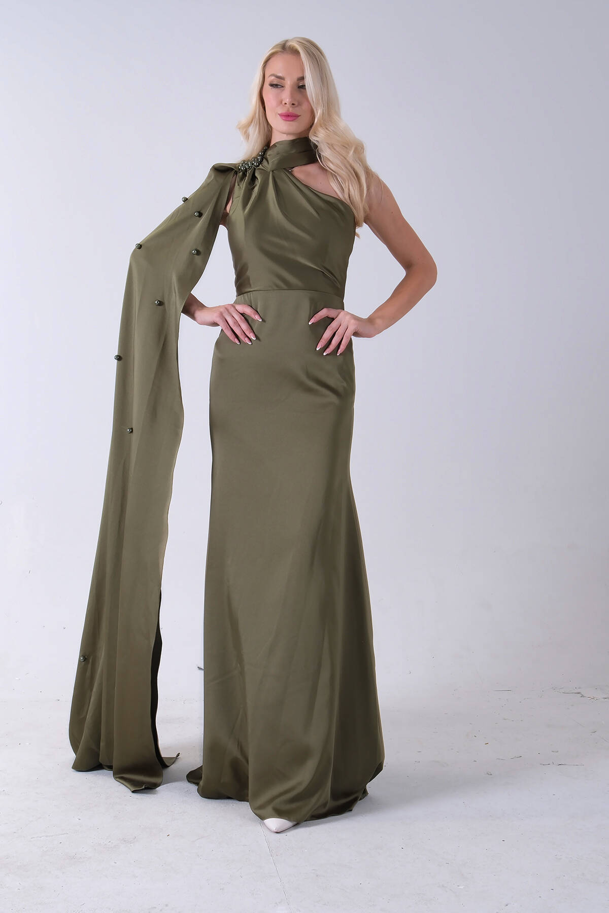 Haki Yaka Kuşak Detaylı Tek Omuz Abiye 0801099.23 Haki