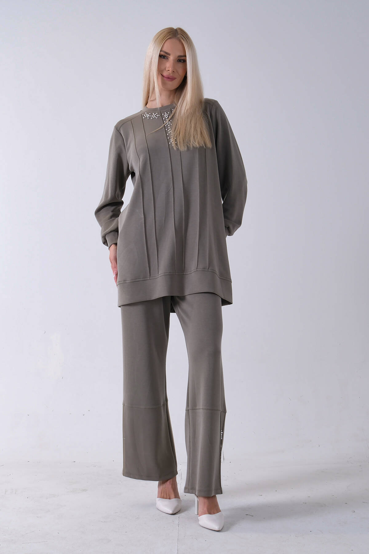 Haki Yaka ve Pantolon Paçası Taş Detaylı Tunikli Takım 4703048.23 - Ardanewline