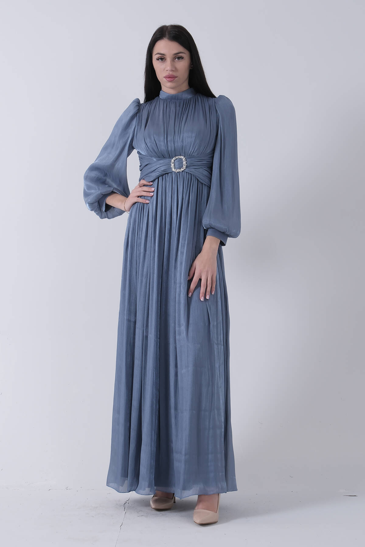 İndigo Beli Toka Aksesuarlı Bisiklet Yaka Tesettür Abiye 6502493.98 