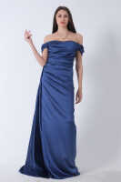 İndigo Drape Detaylı Saten Kumaş Abiye Elbise 9704858.98