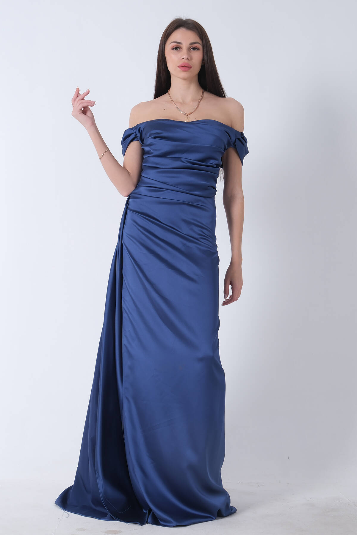 İndigo Drape Detaylı Saten Kumaş Abiye Elbise 9704858.98