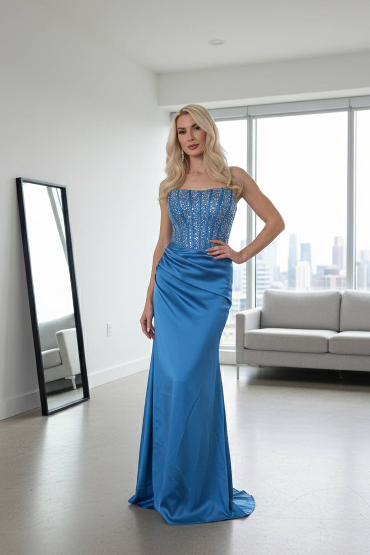 İndigo Göğüs Pul ve Taşlı Saten Abiye 9705294.98 İndigo