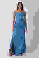 İndigo Gümüş Askı Detaylı Yırtmaçlı Straplez Abiye 0801023.98 İndigo