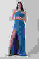 İndigo Kadın Kruvaze Yaka Yırtmaç Detaylı Uzun Abiye Elbise 1105273.98 İndigo