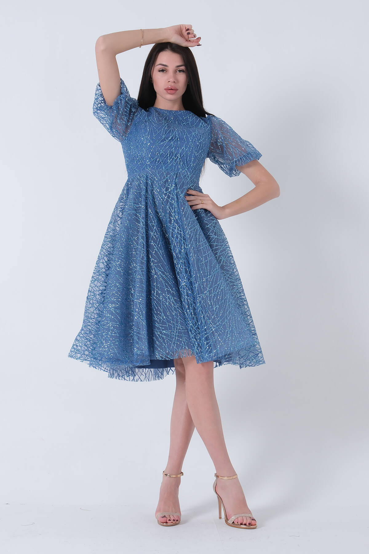 İndigo Midi Boy Kısa Yuvarlak Yaka Simli Tül Abiye Elbise 6502459.98 