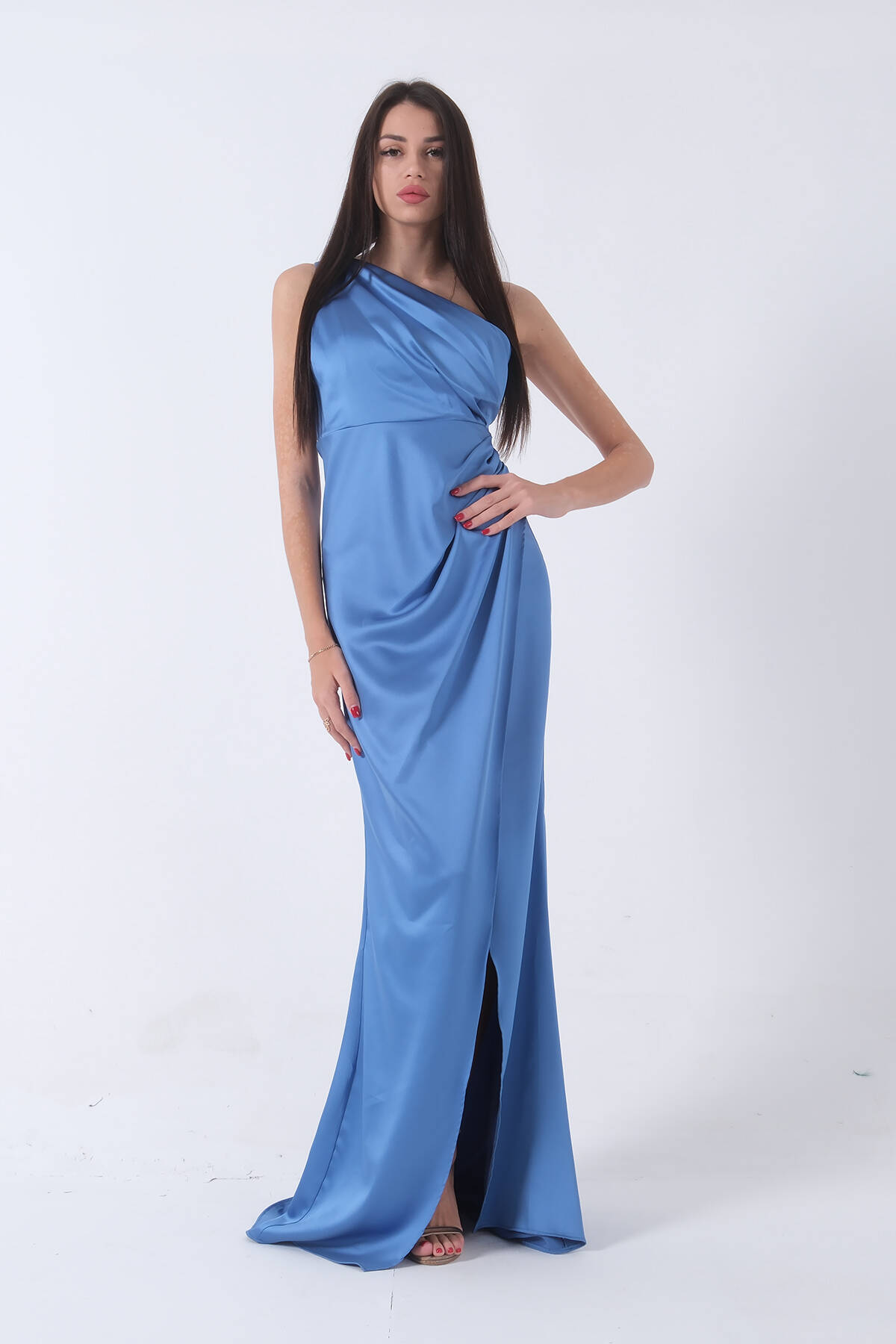 İndigo Önü Yırtmaçlı Tek Omuz Şık Abiye 0801563.98 