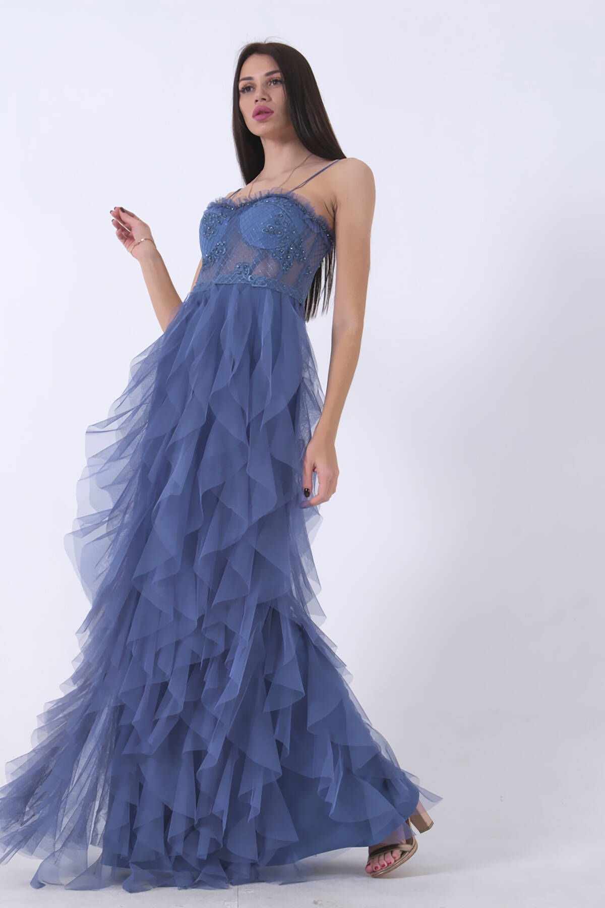 İndigo Transparan Taşlı Eteği Fırfırlı Abiye 9705034.98 - Ardanewline