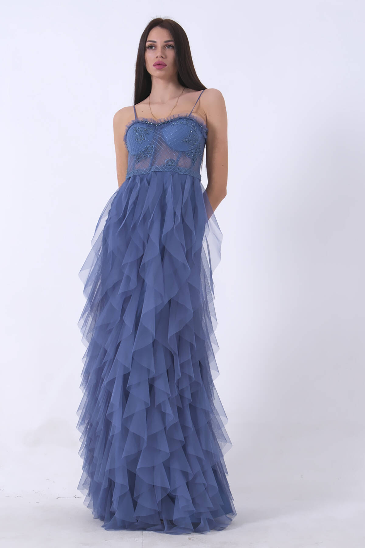 İndigo Transparan Taşlı Eteği Fırfırlı Abiye 9705034.98 - Ardanewline (1)