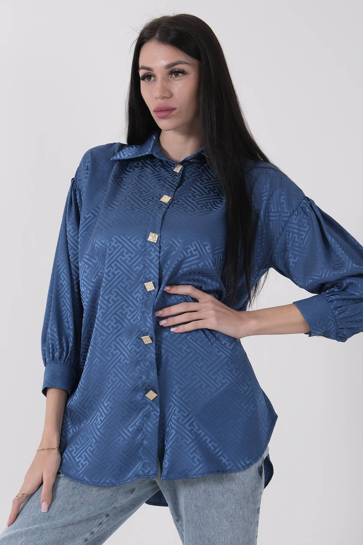İndigo Üzeri Desenli Gold Düğme Detaylı Tunik 45951993.98 - Ardanewline