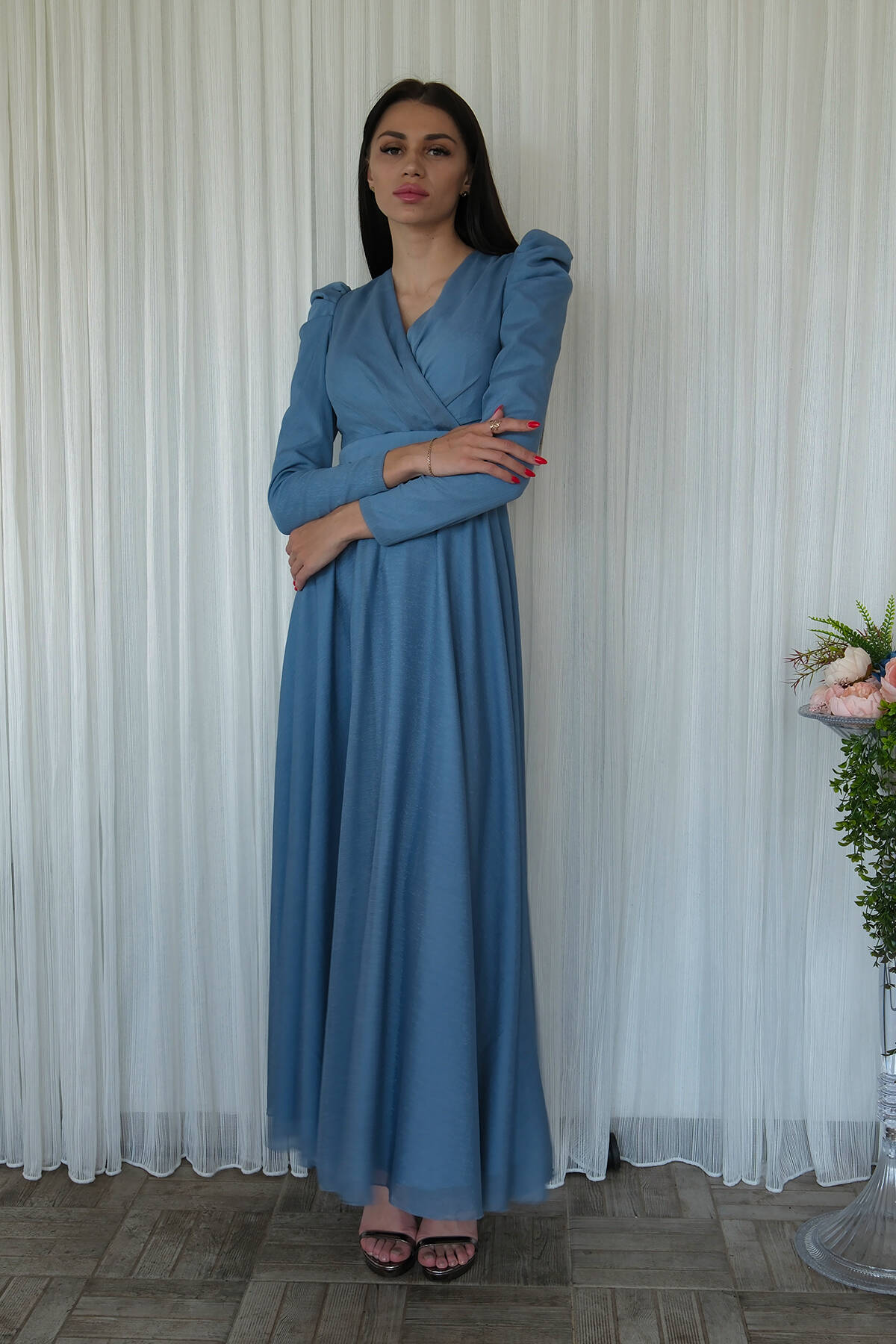 İndigo V Yaka Parıltılı Uzun Kollu Abiye 6502514.98 İndigo