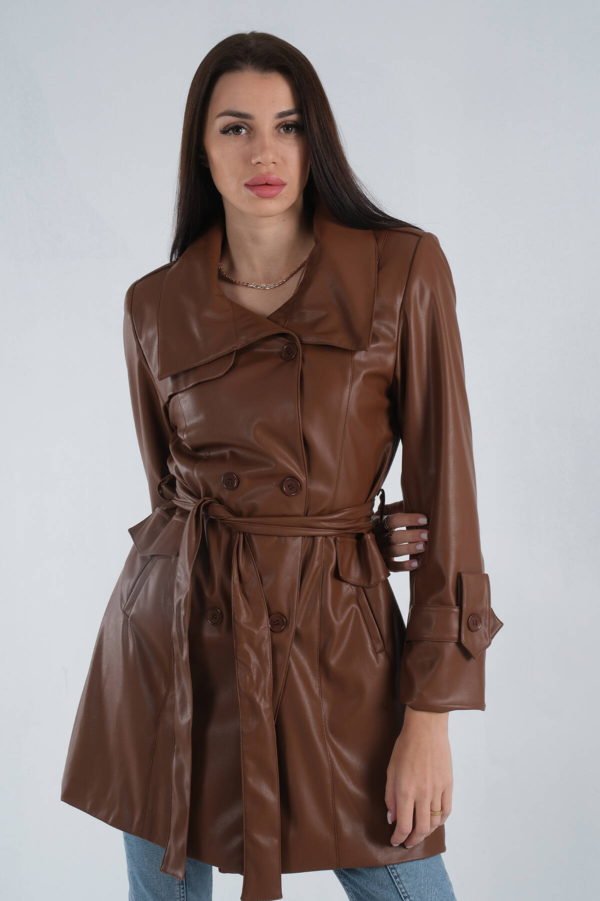 Kahve Aimetrik Yaka Kuşaklı Deri Kap 0107131.05 - Ardanewline (1)
