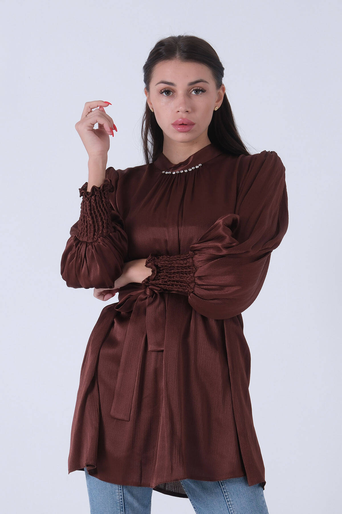 Kahve Belden Bağlamalı Yakası Taşlı Tunik 45951971.05 