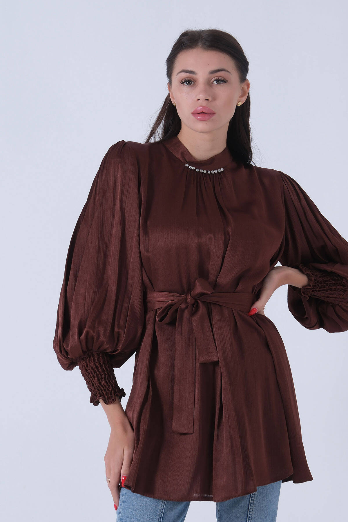 Kahve Belden Bağlamalı Yakası Taşlı Tunik 45951971.05 - Ardanewline (1)