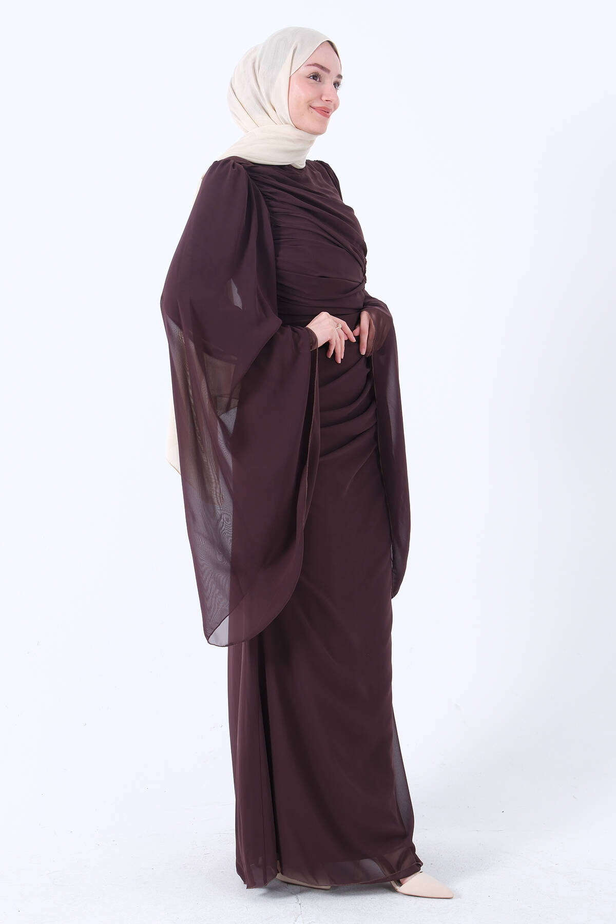 Kahve Beli Taş Detaylı Şifon Elbise 3303111.05 - Ardanewline
