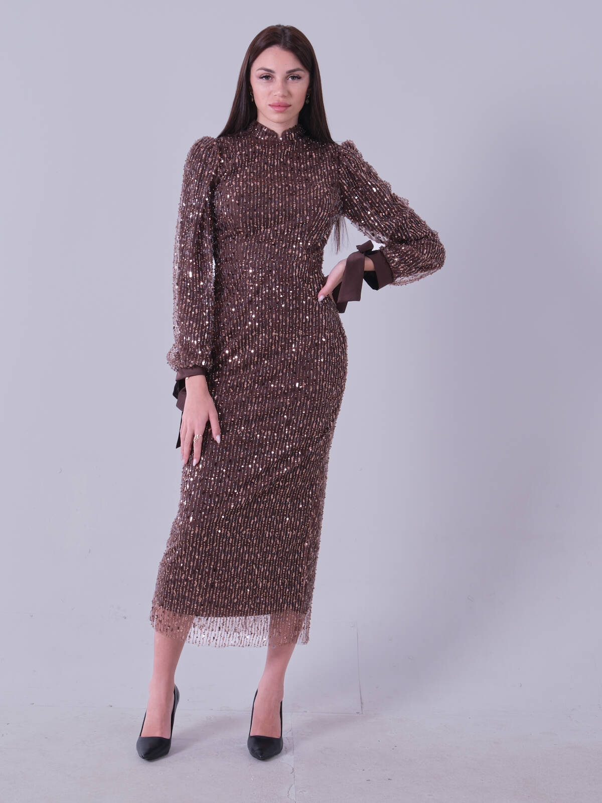 Kahve Bilek Ucu Saten Kurdele Pullu Tesettür Abiye 6502471.05 Kahve