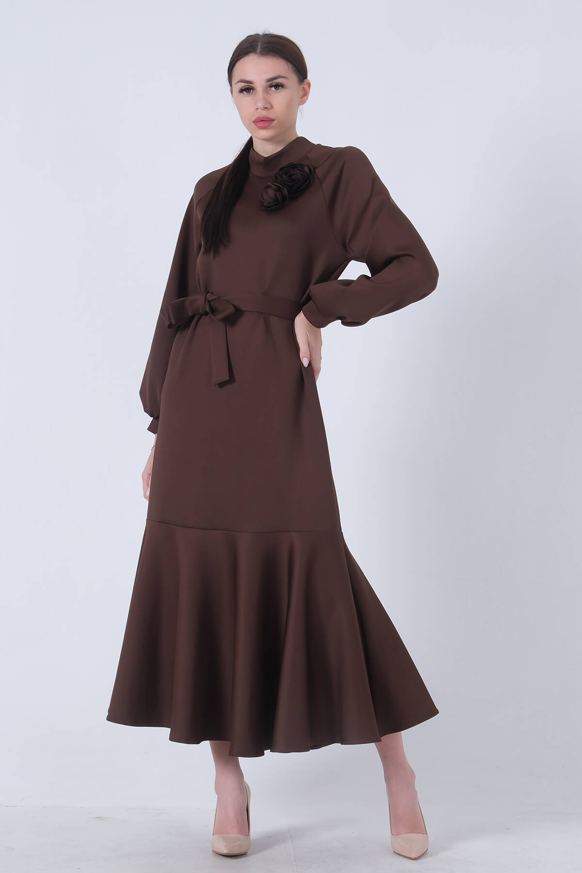 Kahve Bisiklet Yaka Belden Kuşaklı Elbise 4593266.05 