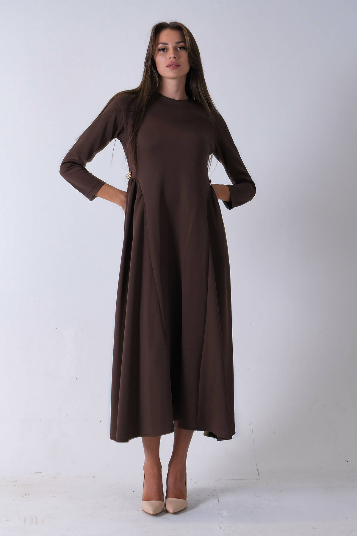 Kahve Bisiklet Yaka Scuba Tesettür Elbise 4593445.05 - Ardanewline (1)